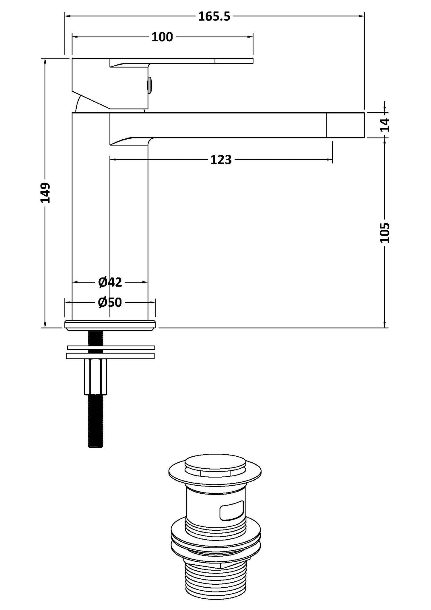 Halstatt Mono Basin Mixer c/w Push Button Waste - Black HAL405